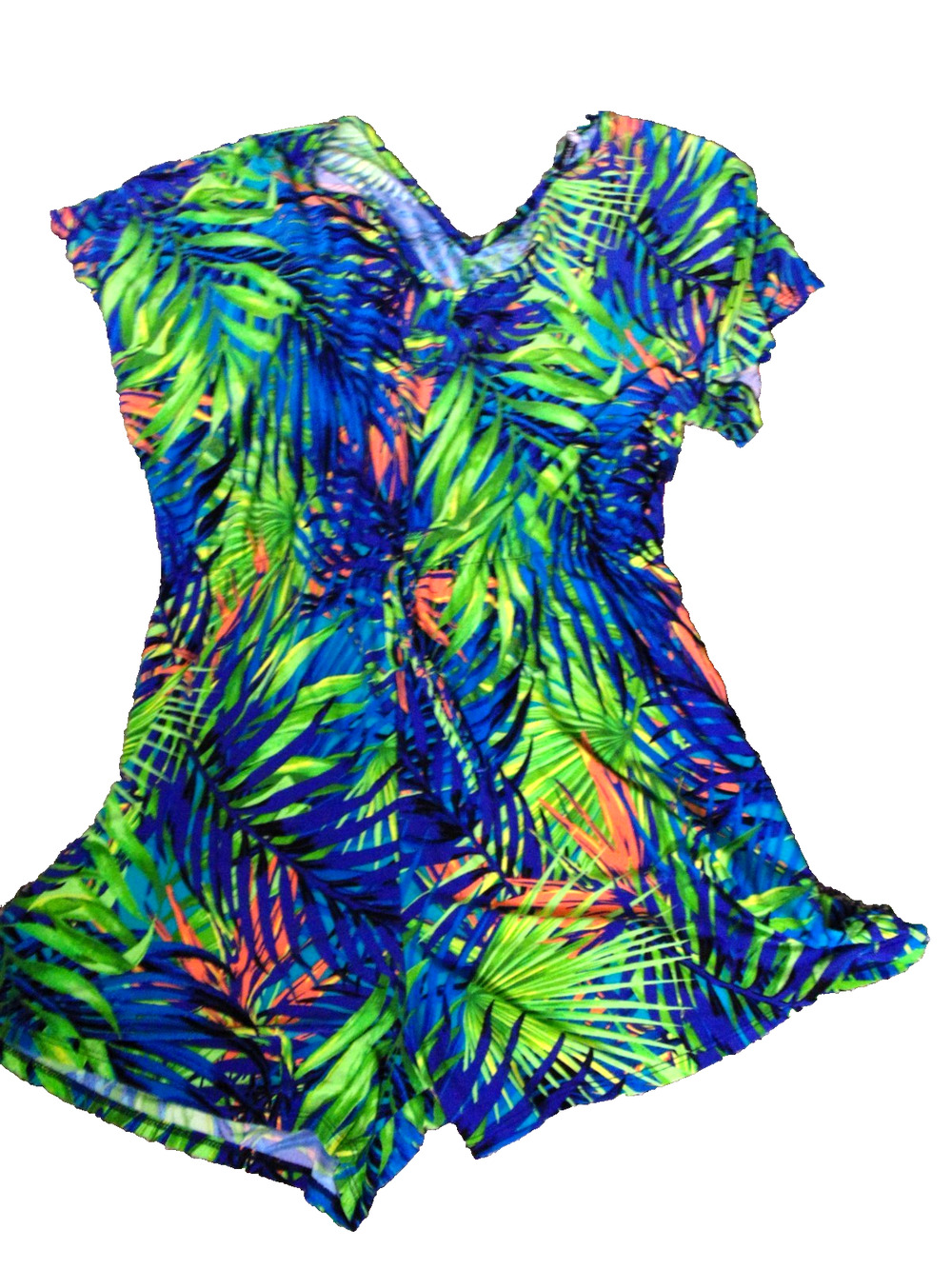 Vtg Womens XL Blue Green Tropical Print Romper 1 Piece Shorts V Neck Top Pull On